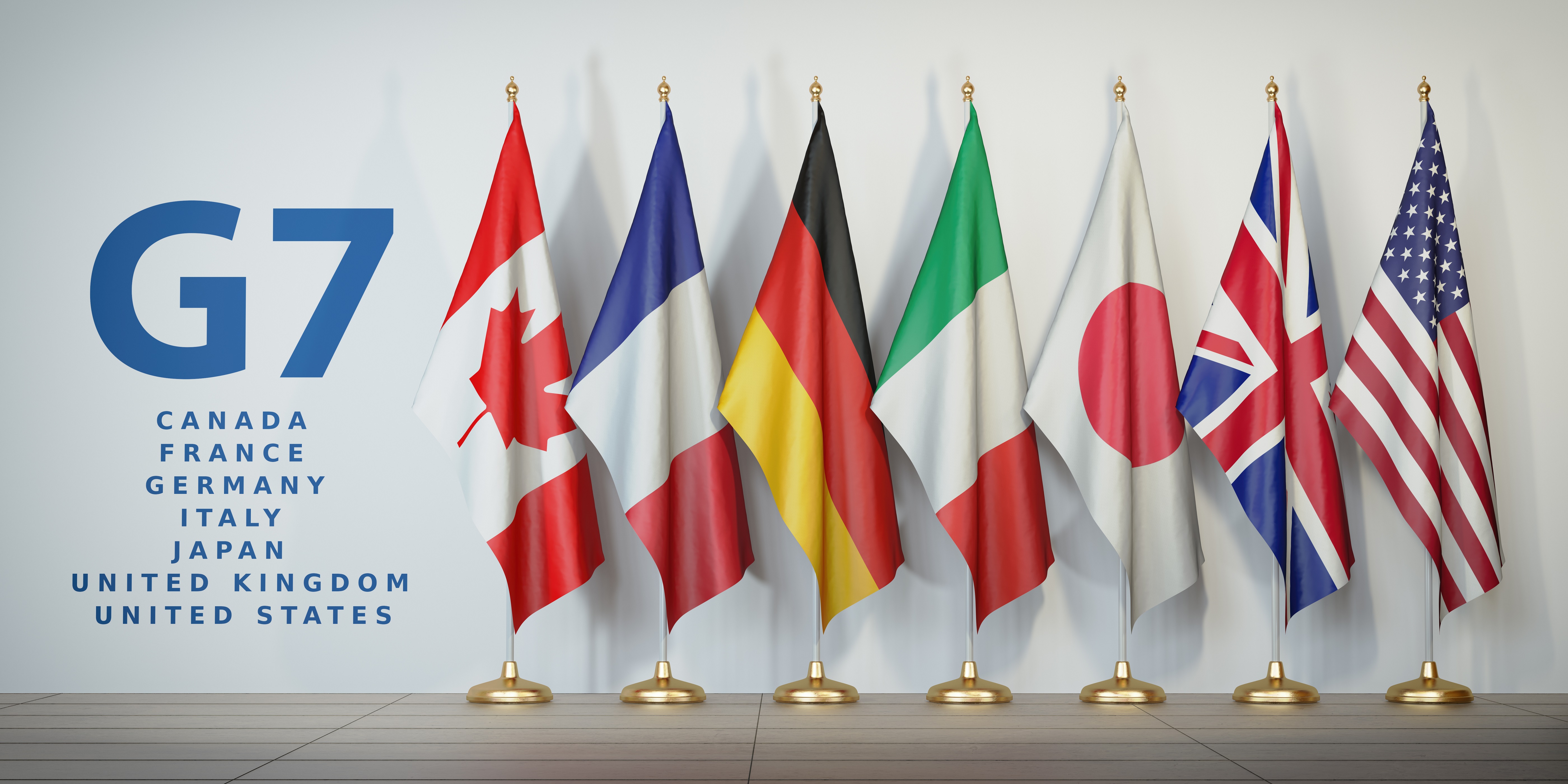 G7 summit or meeting concept. Row from flags of members of G7 group of